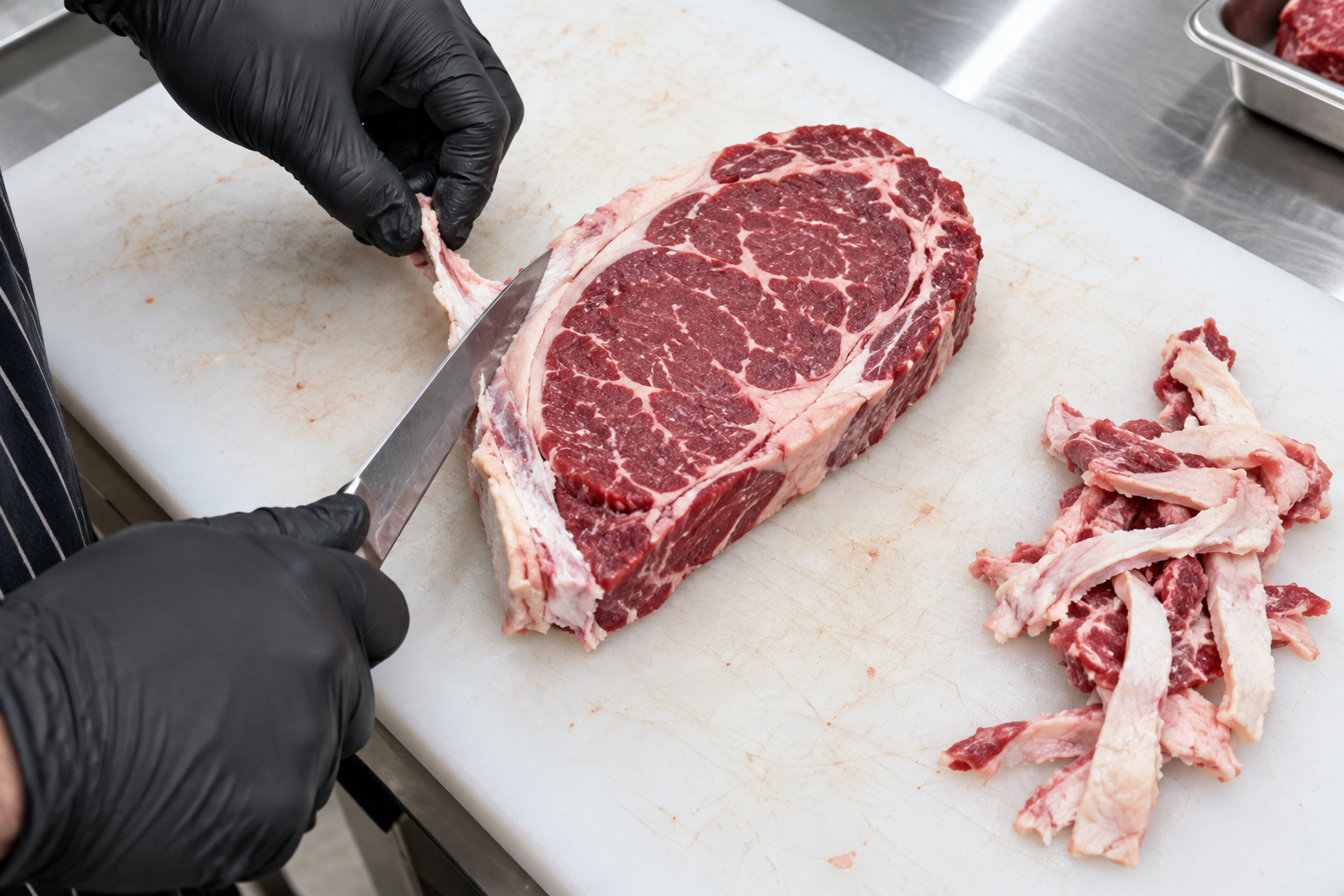 New York Strip vs Ribeye: Which Steak Is the Smarter Buy? 8 Butcher trimming excess fat from a raw steak on a cutting board