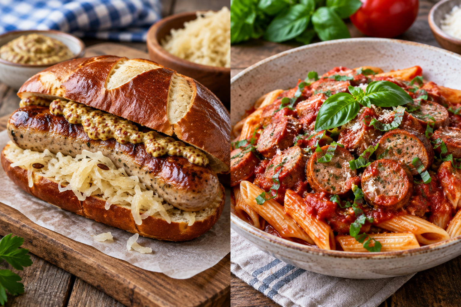 Bratwurst served in a bun and Italian sausage served with pasta