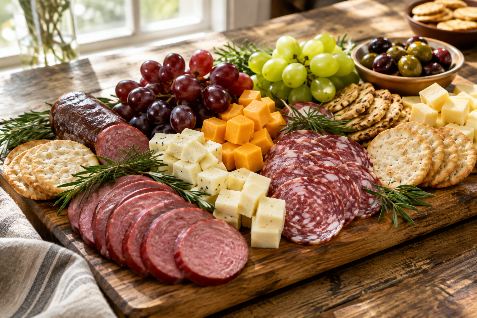 Charcuterie board featuring summer sausage and salami with cheese and crackers