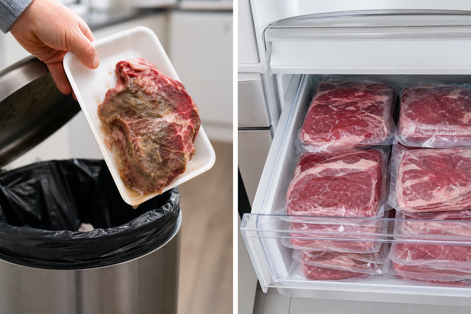 Fresh vs Frozen Meat: When Paying More for Fresh Makes No Sense 8 Comparison of food waste from spoiled fresh meat versus organized frozen meat storage
