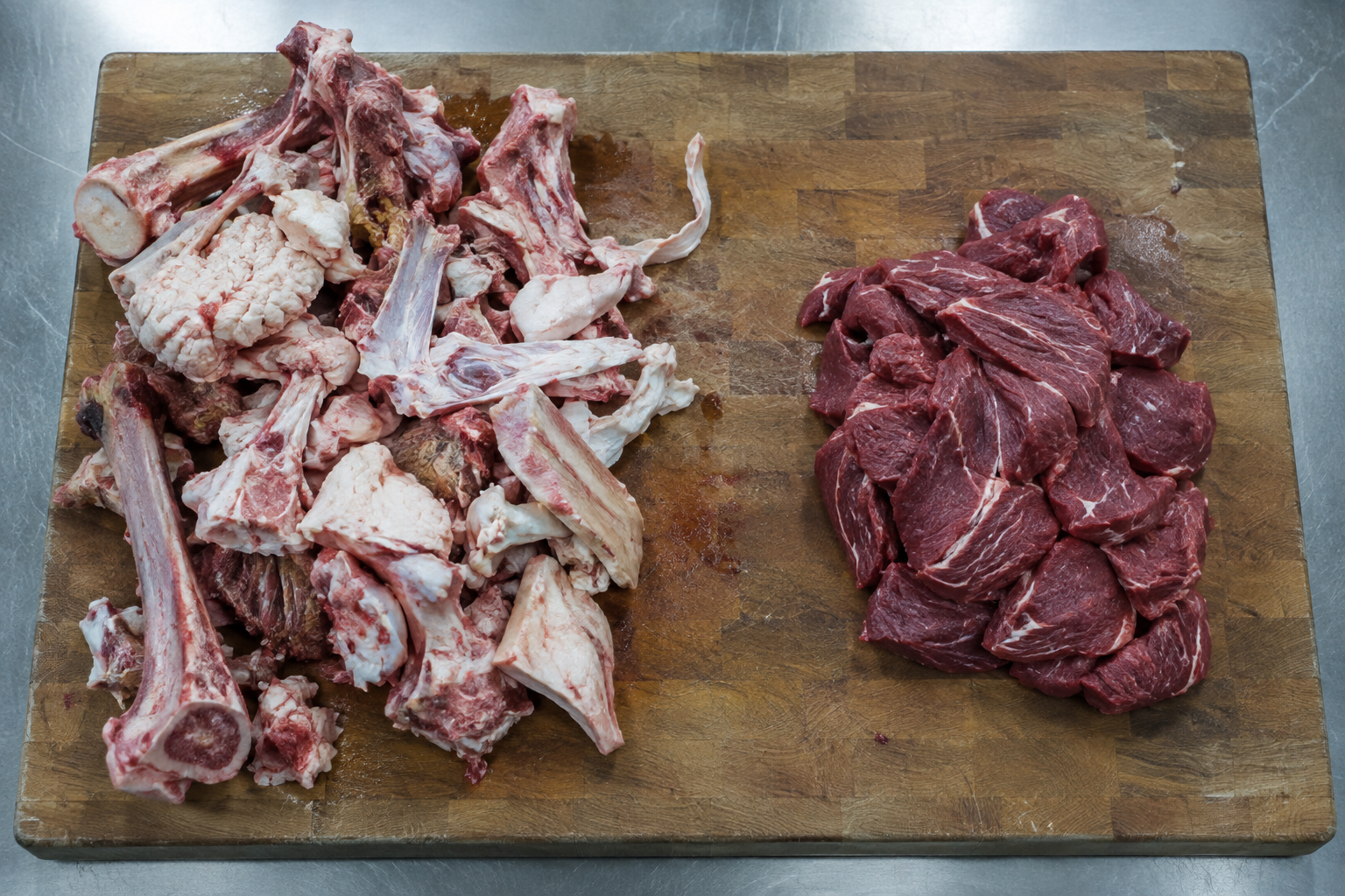Meat trimmings and bone waste separated from a portion of trimmed lean meat on a cutting board