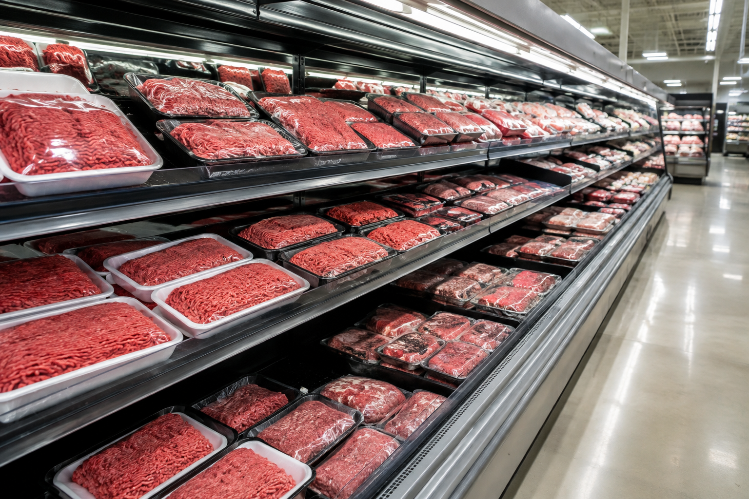 Grocery store meat aisle with packaged ground beef trays