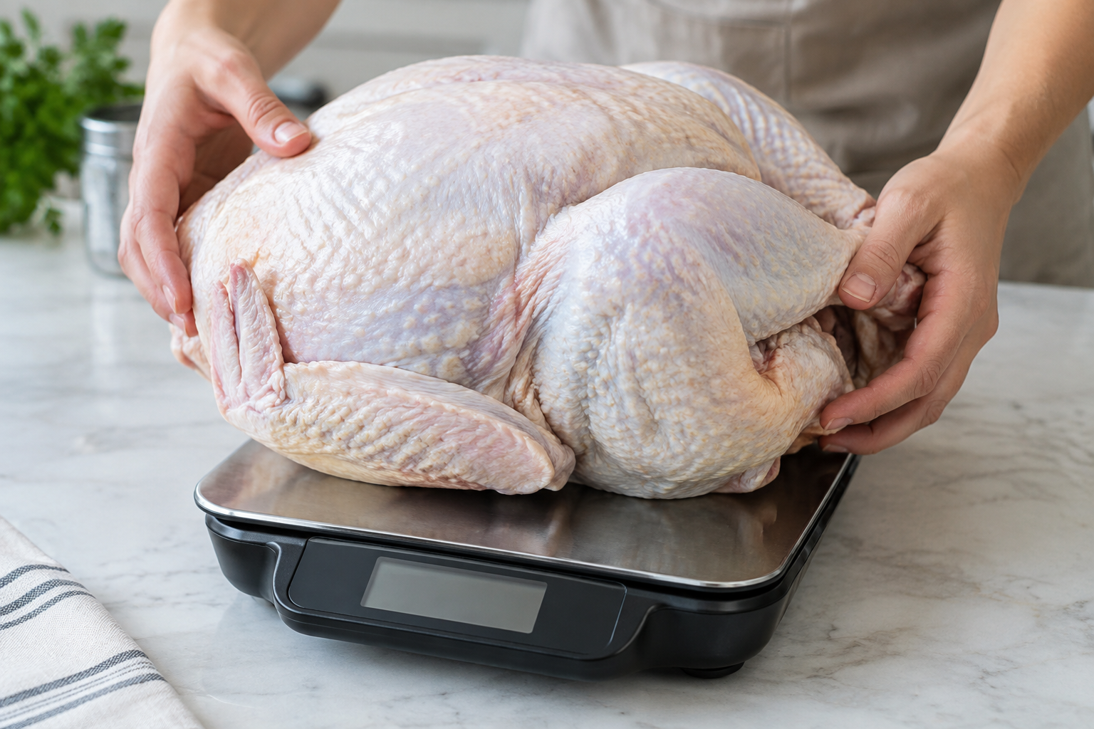 How Much Turkey Per Person? Whole Bird vs Boneless Breast 7 Raw turkey being weighed on a digital kitchen scale