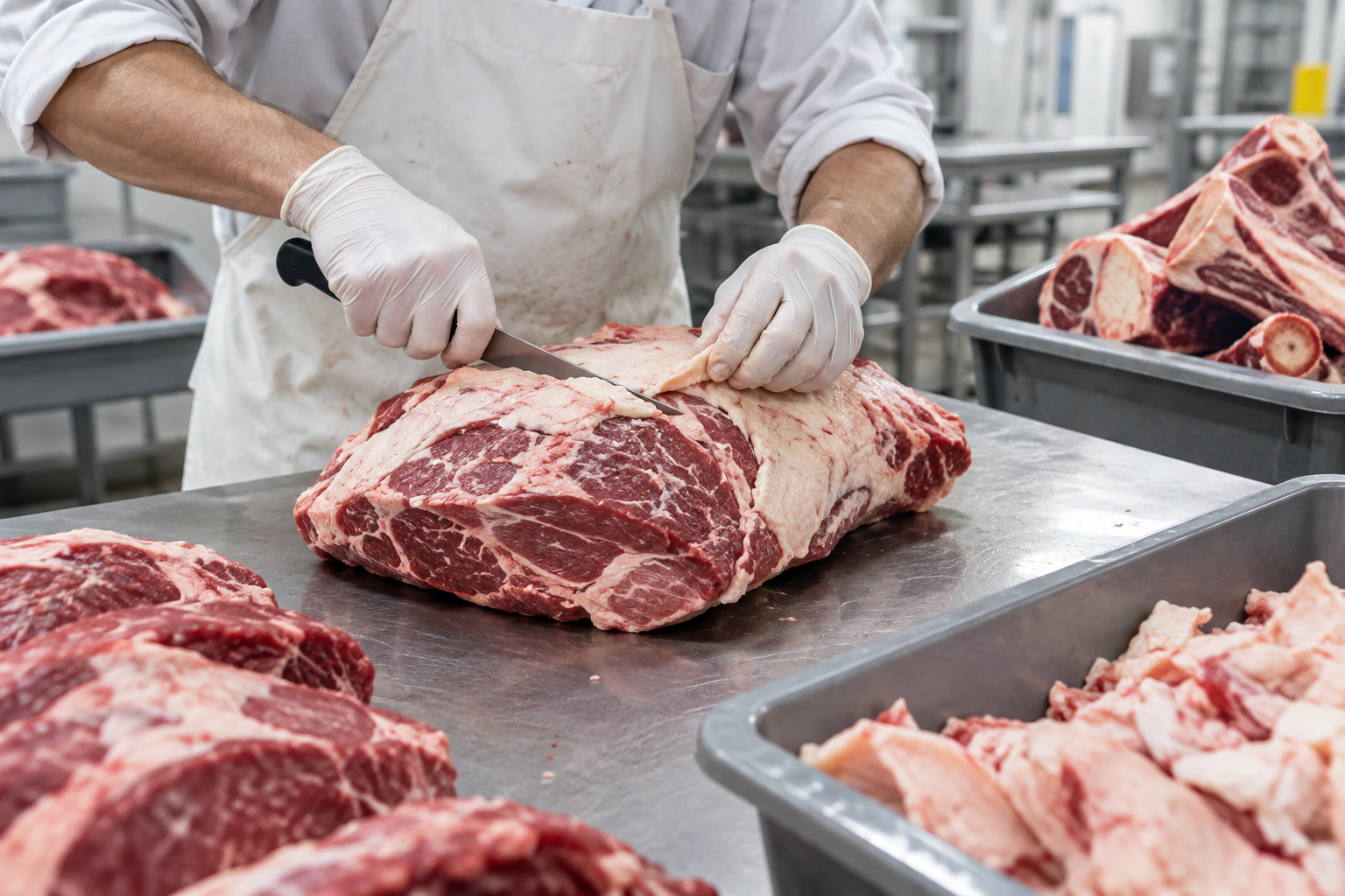 How Much Freezer Space Do You Need for a Half Cow? 7 Butcher trimming beef during processing, illustrating factors that affect meat yield