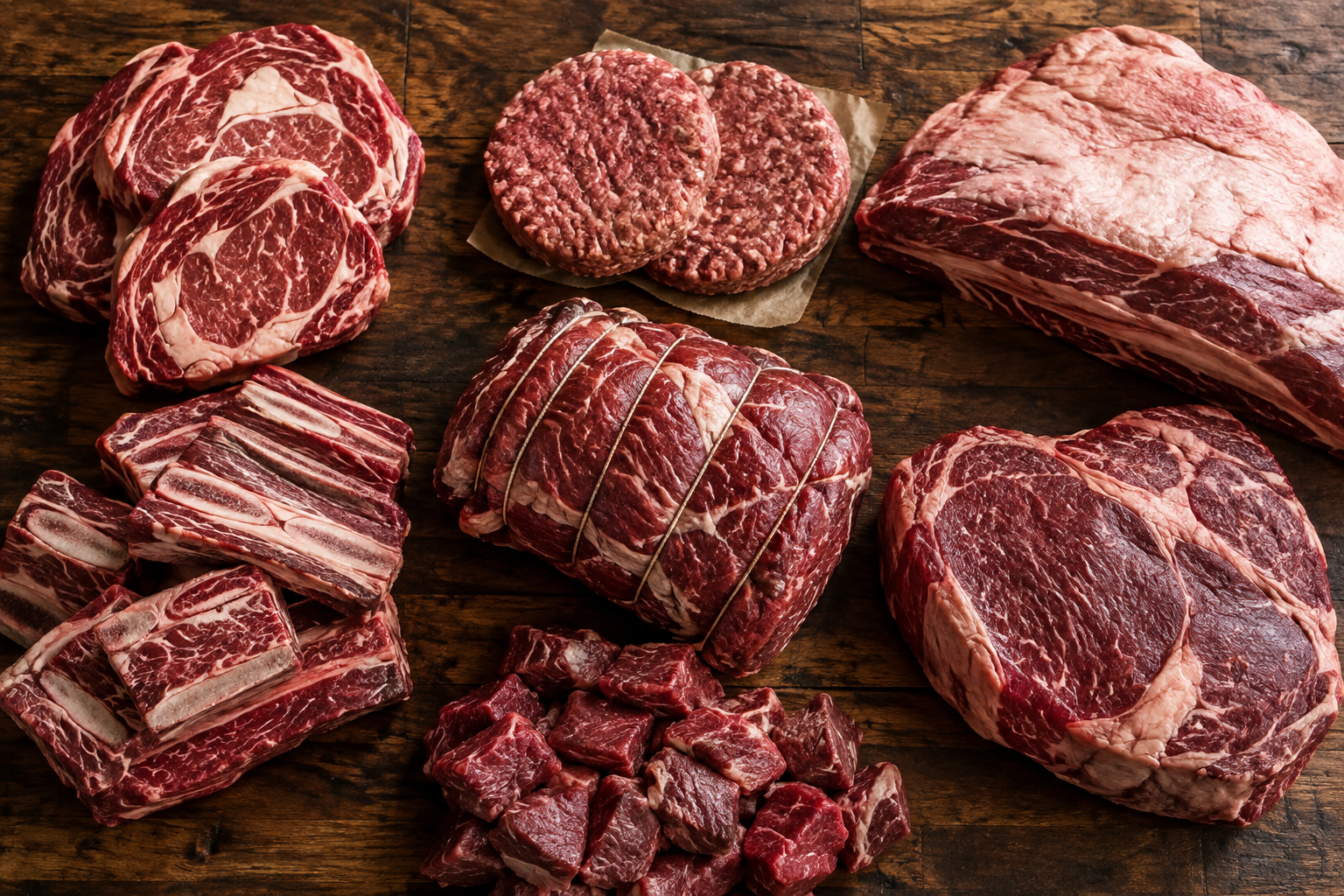 How Much Meat Do You Get From a Quarter Cow? Yield, Cuts, and Freezer Space 8 Assortment of raw beef cuts including steaks, roasts, and ground beef on a butcher block