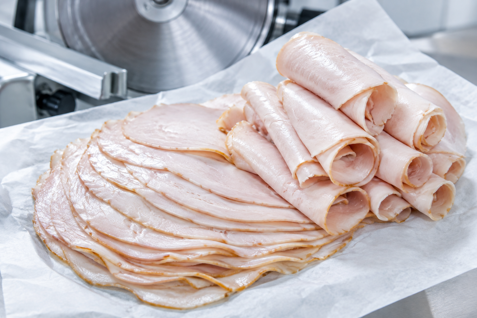 Thinly sliced deli turkey meat arranged on butcher paper