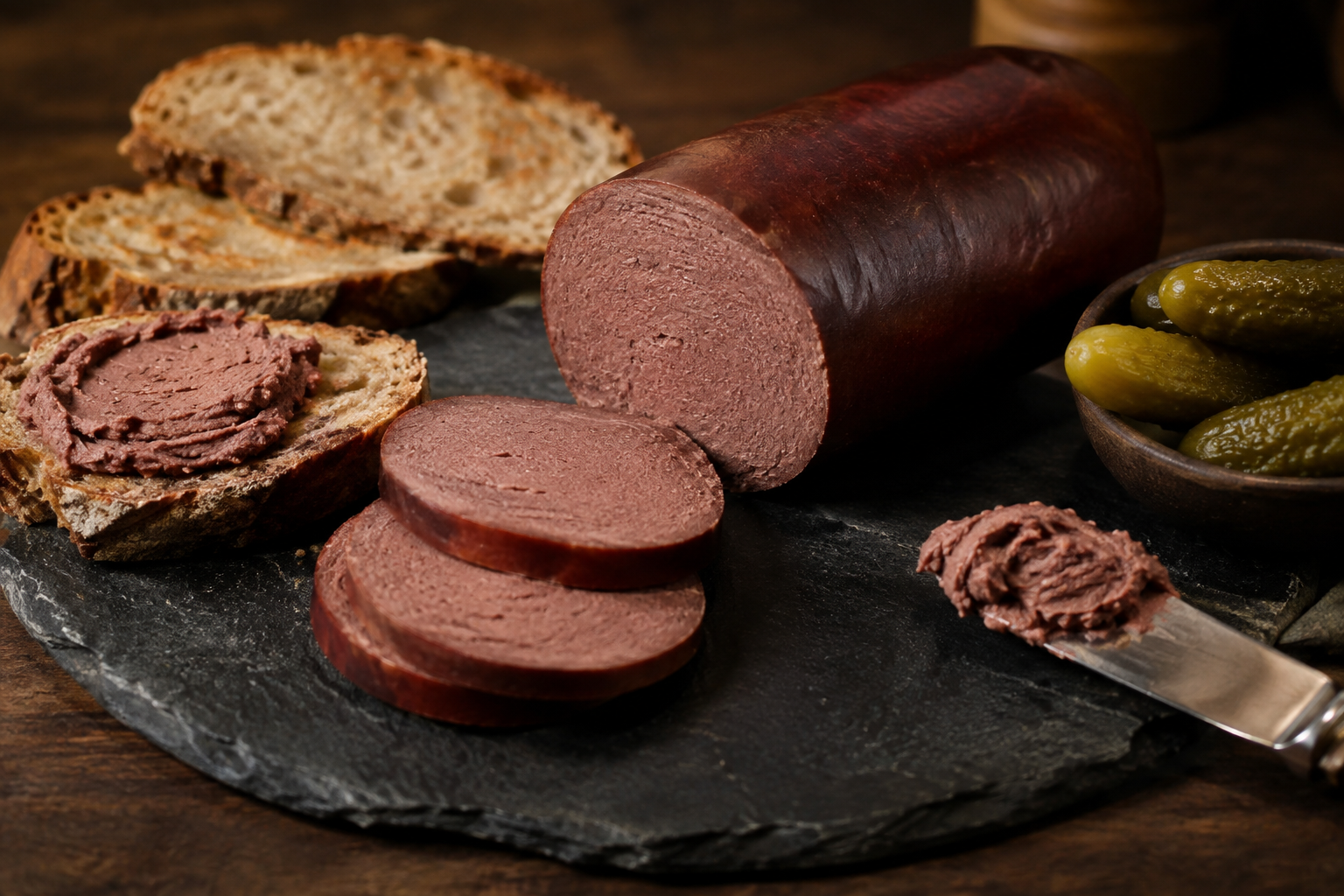 Liverwurst vs Braunschweiger: What's the Difference? 7 Sliced braunschweiger sausage with bread and pickles