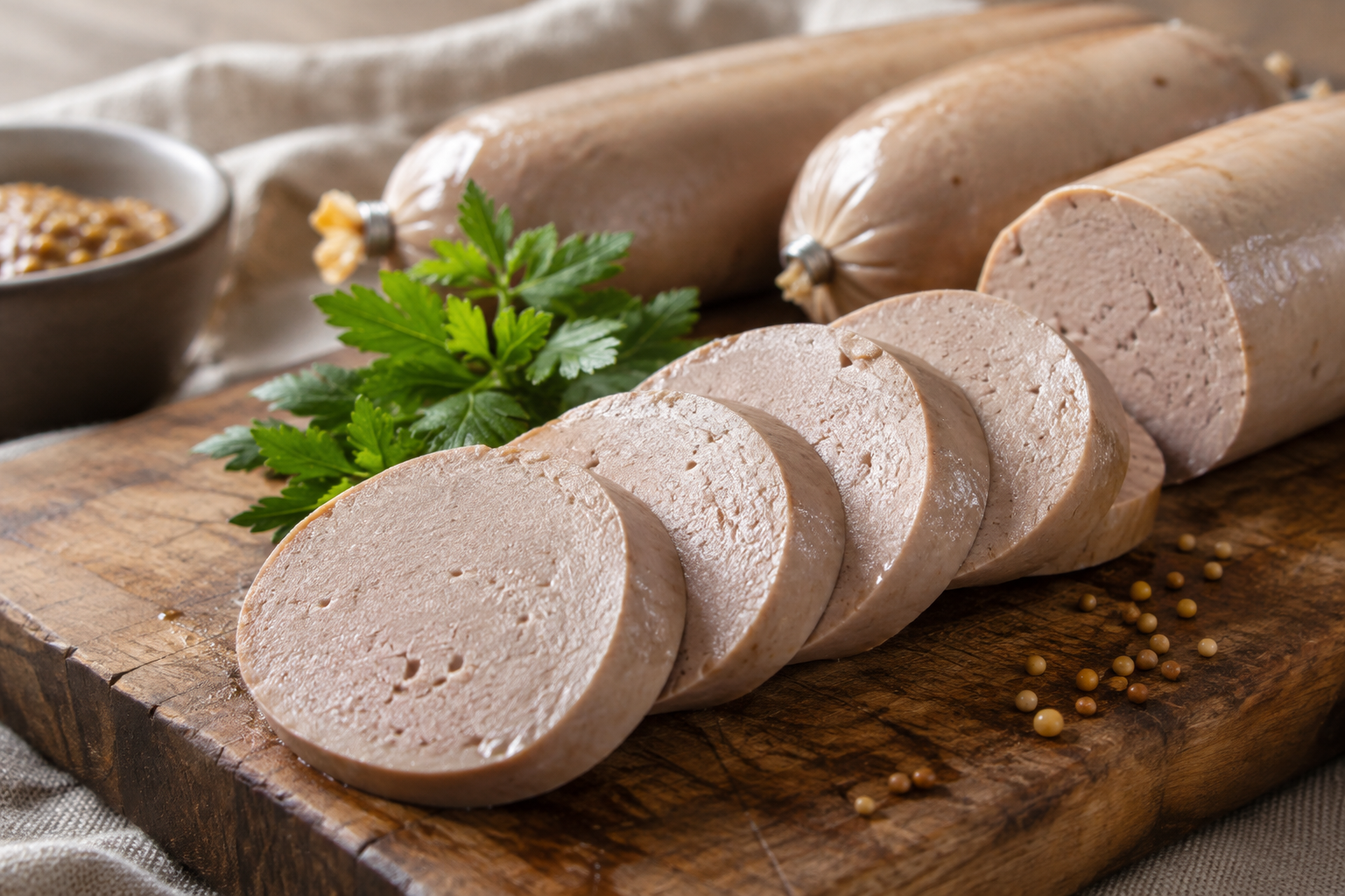 Liverwurst vs Braunschweiger: What's the Difference? 6 Sliced liverwurst on a wooden cutting board