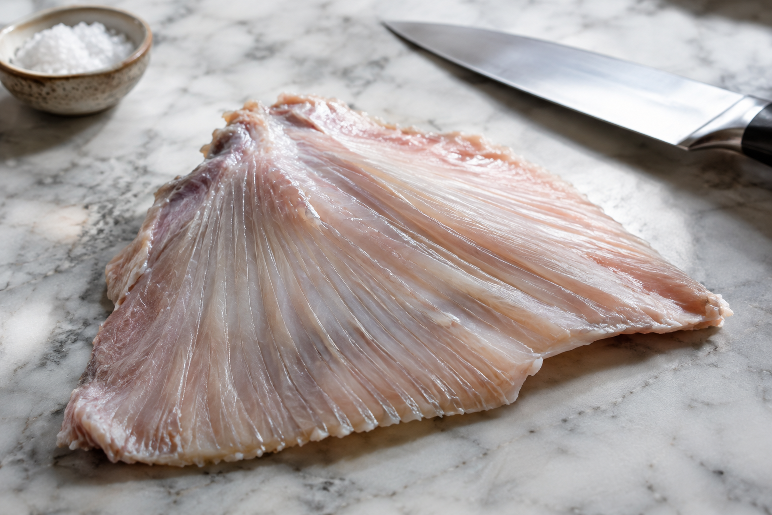 What Does Skate Wing Taste Like? Flavor, Texture, and How It Is Cooked 6 Raw skate wing fillet on a countertop showing its ribbed texture