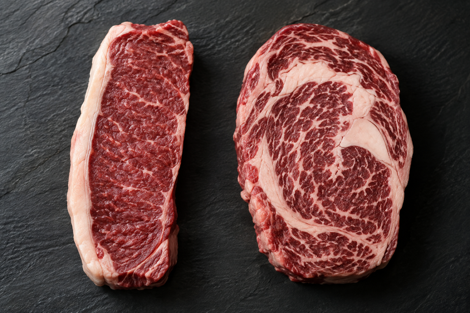 New York Strip vs Ribeye: Which Steak Is the Smarter Buy? 6 Raw New York strip and ribeye steaks side by side showing their different shapes and fat structure