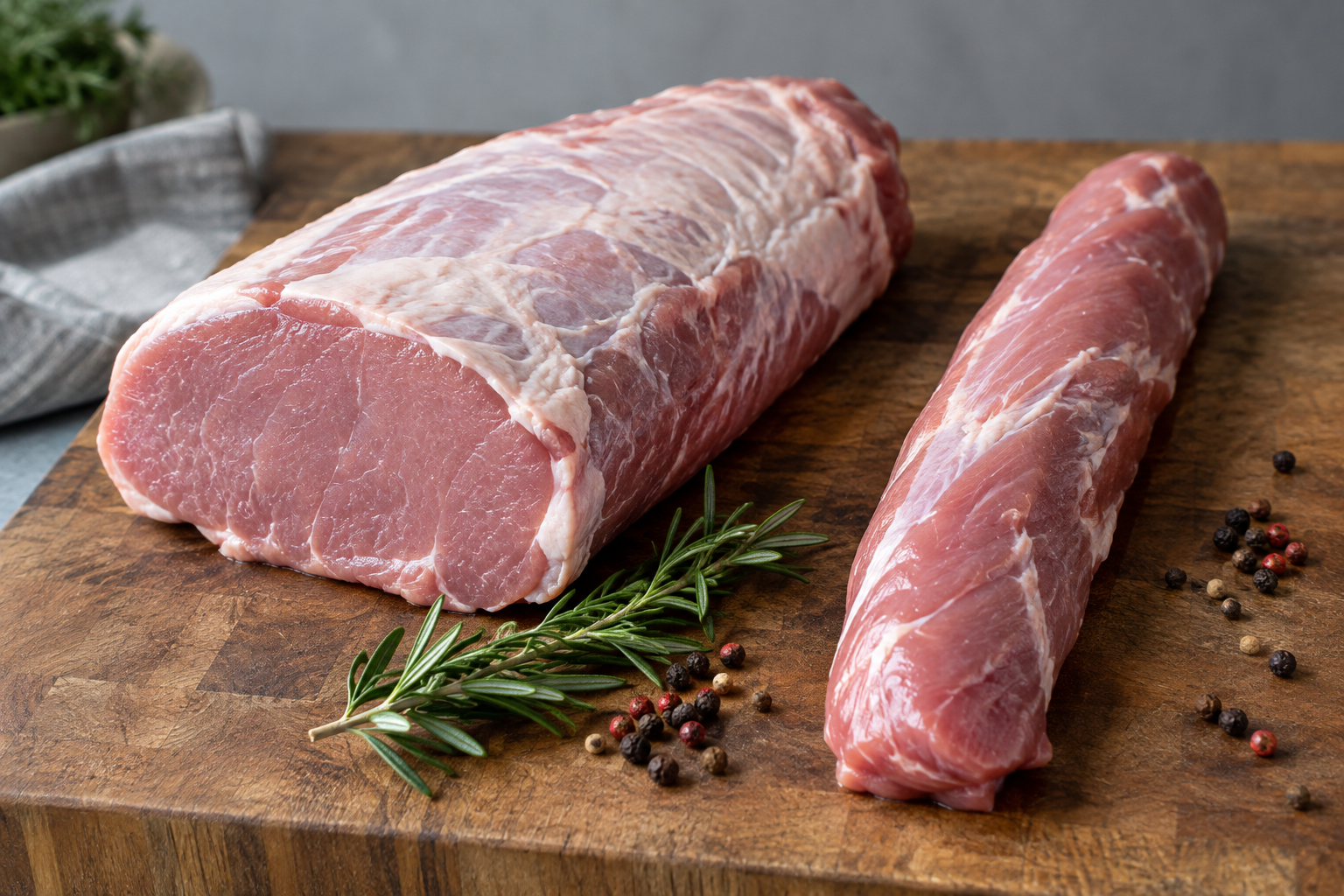 Raw pork loin and pork tenderloin side by side showing size and shape difference