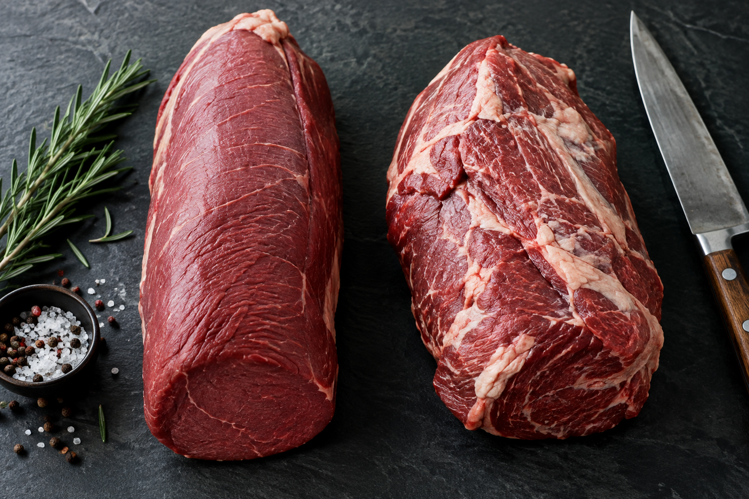 Eye of Round vs Sirloin Tip: Which Budget Roast Is Better? 6 Raw eye of round and sirloin tip roasts side by side on a countertop