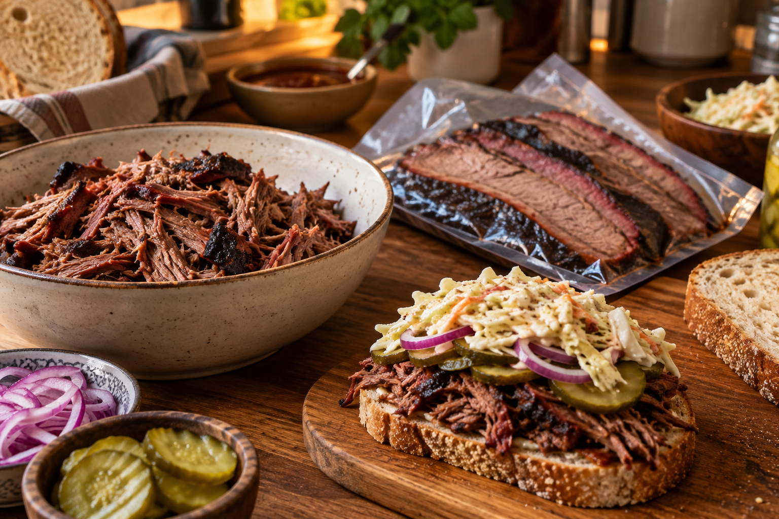 Leftover cooked brisket being shredded, packaged, and made into a sandwich