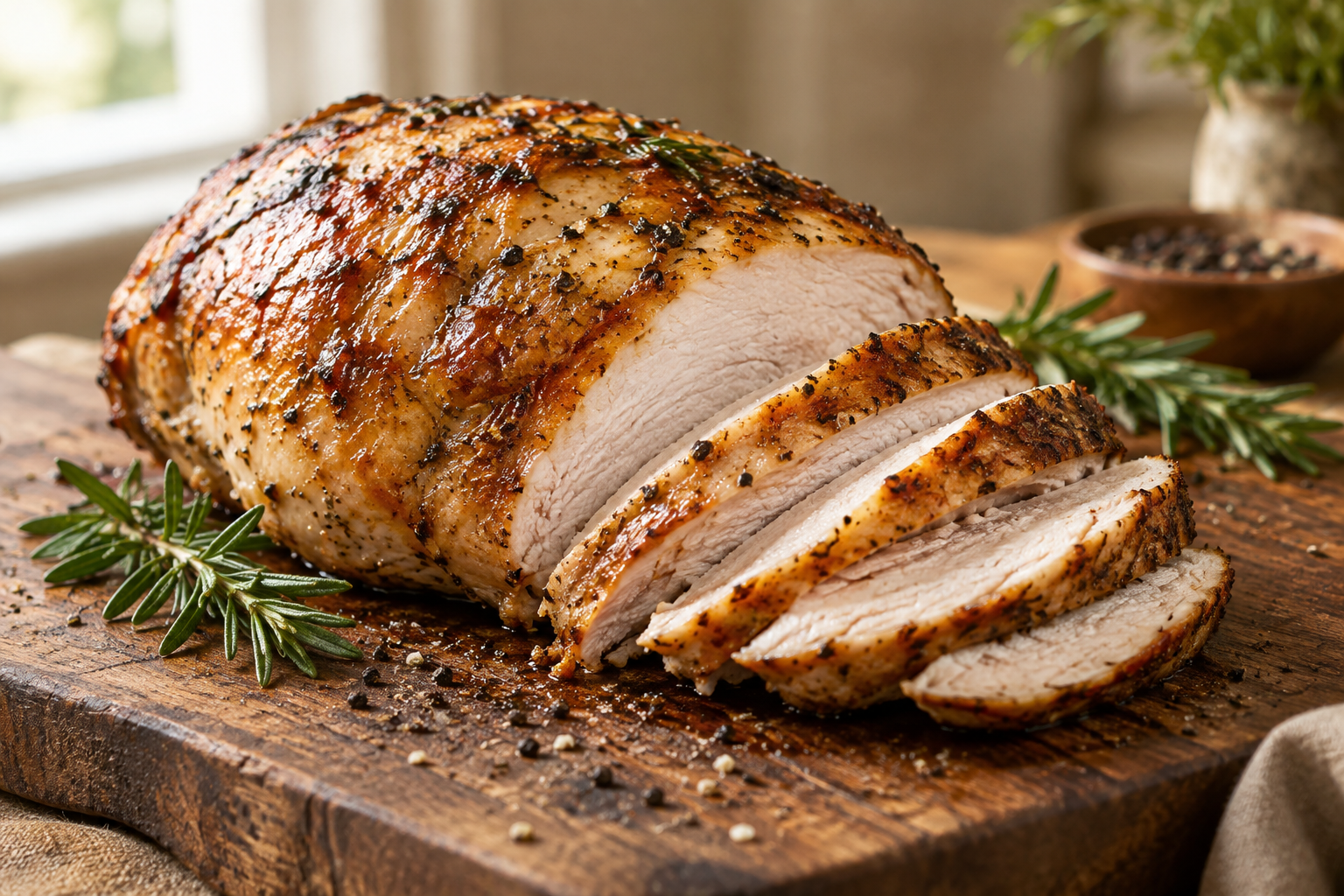 Sliced roasted whole turkey breast on a wooden cutting board
