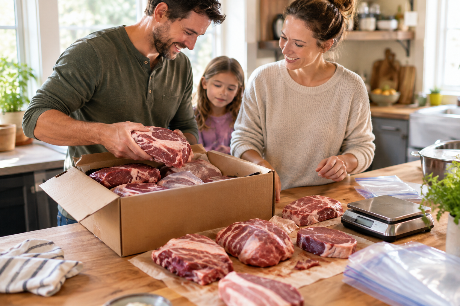 When Buying Meat in Bulk Is Actually More Expensive 7 Family portioning fresh bulk meat into bags on a kitchen counter