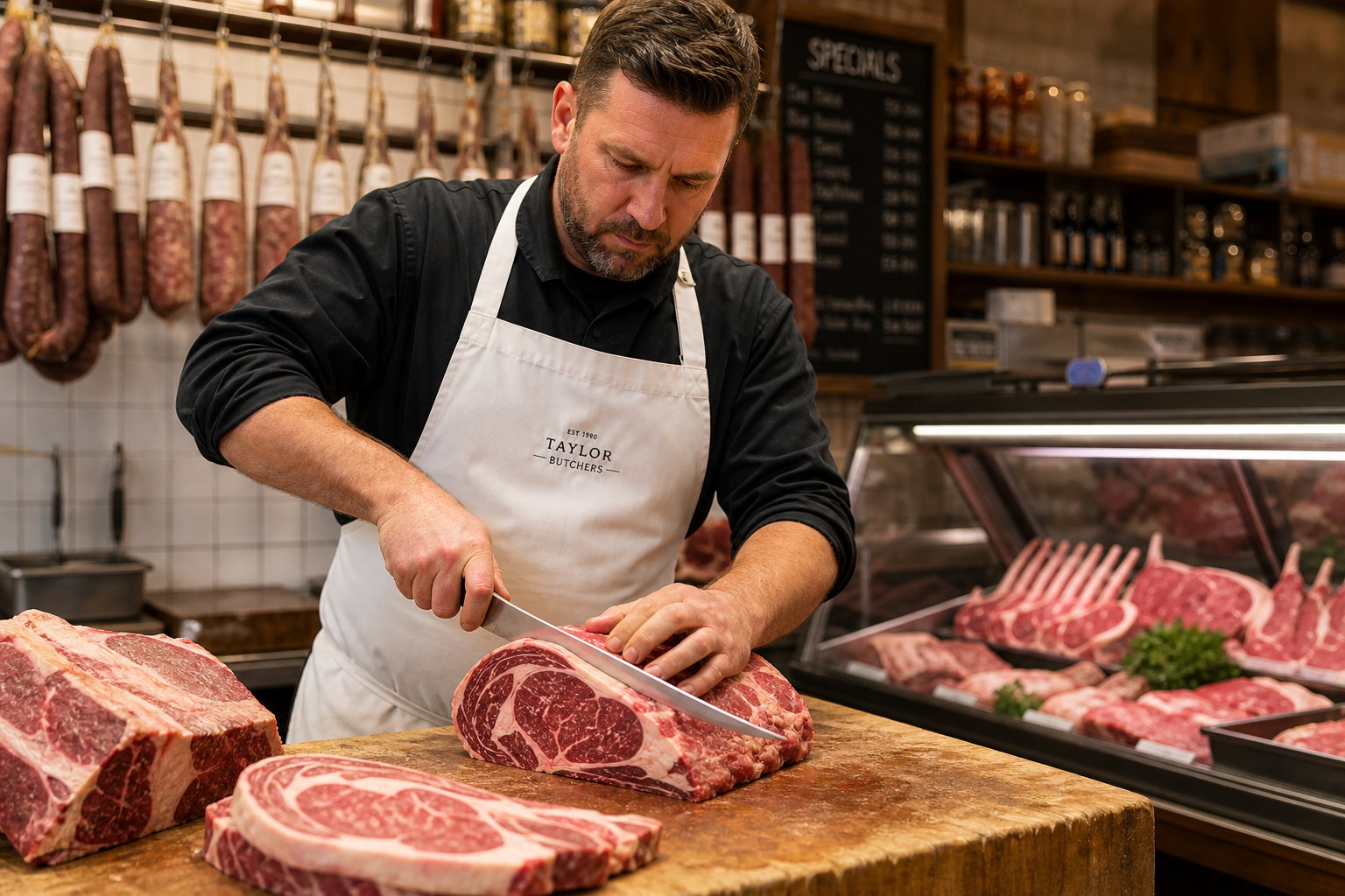 Is a Butcher Shop Worth the Extra Cost? 5 Butcher hand-cutting a marbled ribeye steak in a traditional butcher shop