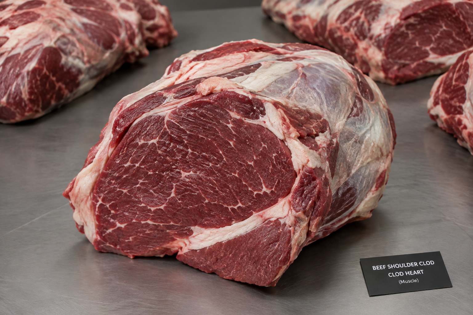 Raw beef clod heart cut shown on a butcher's table illustrating its location within the shoulder clod
