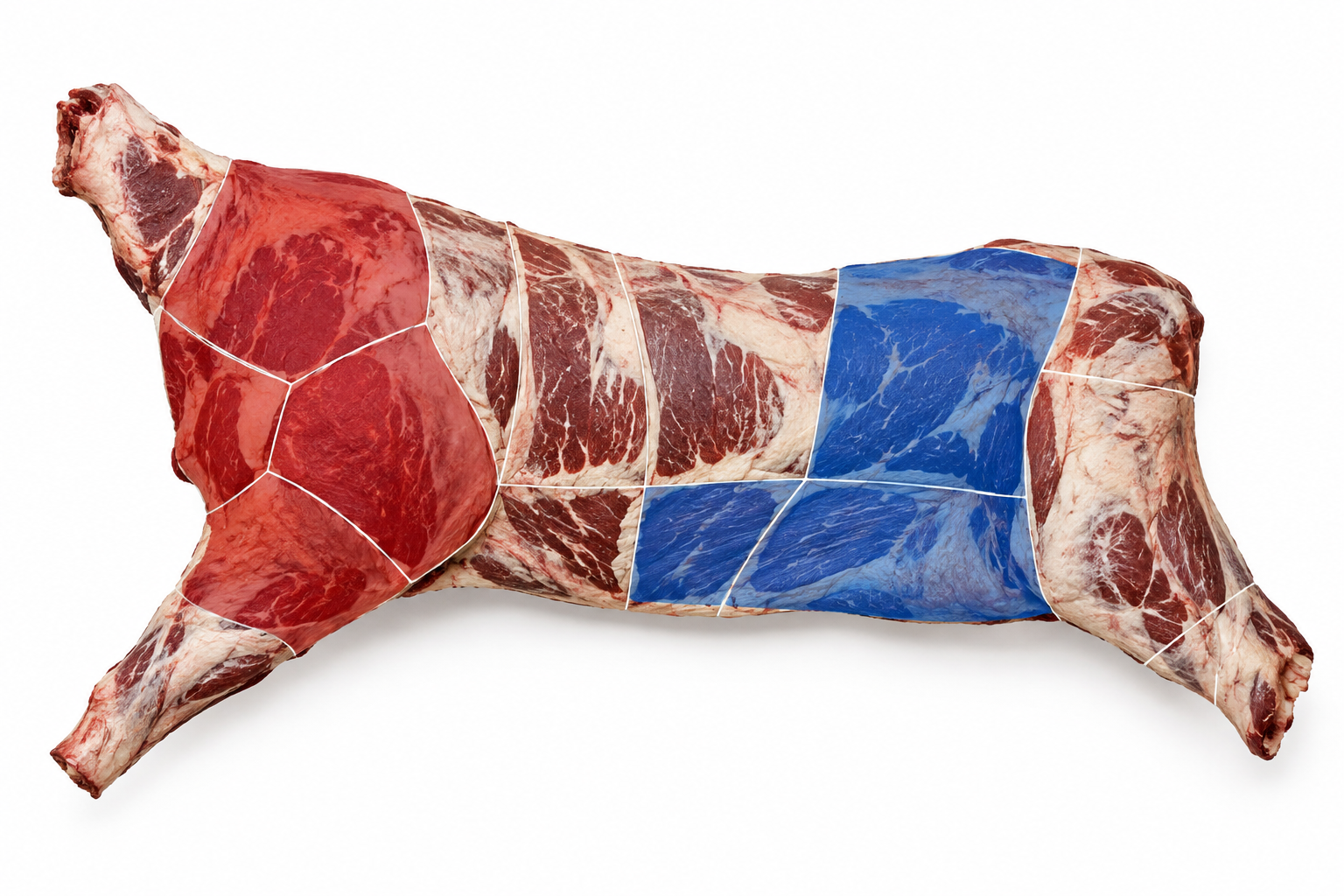 Diagram showing beef primal cuts highlighting where Denver steak and chuck eye steak originate