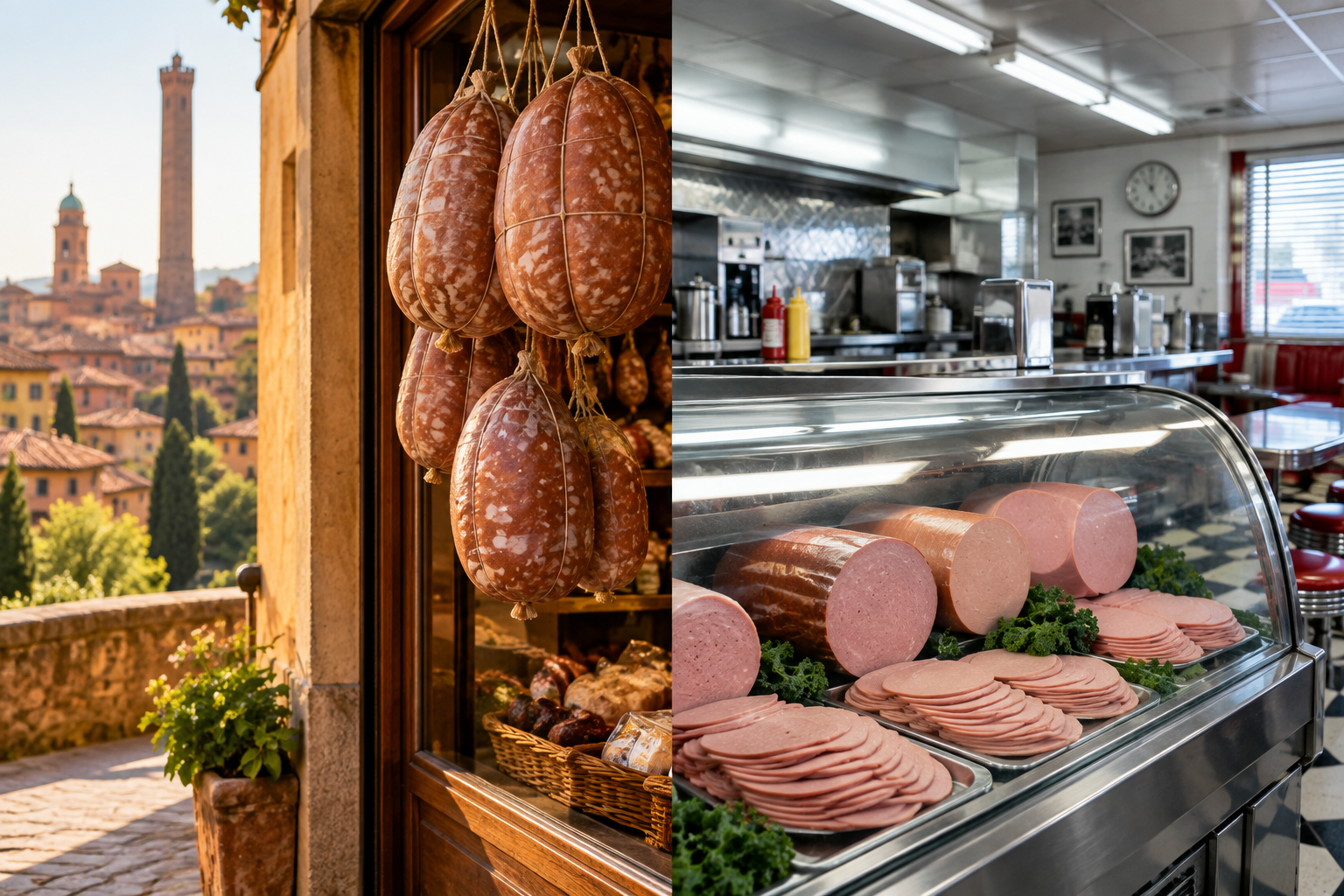 Split image comparing the Italian origin of mortadella and the American deli origin of bologna