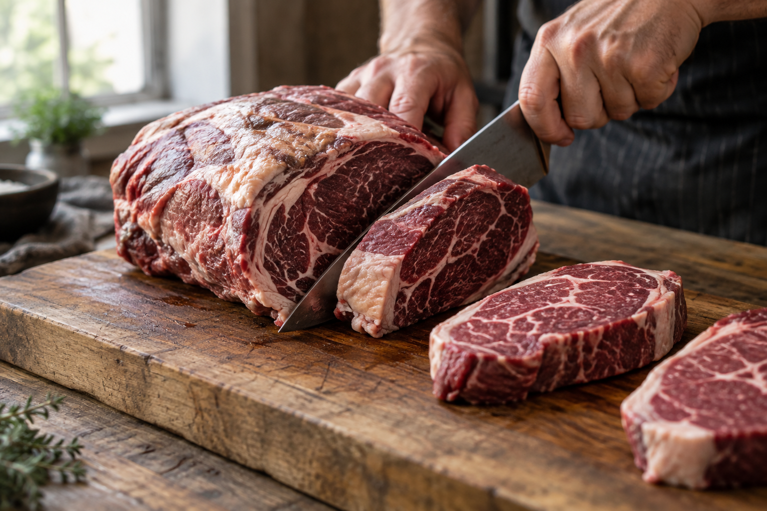What Is Merlot Steak? Where It Comes From and How to Cook It 5 Butcher cutting a raw Merlot steak from the beef shoulder primal