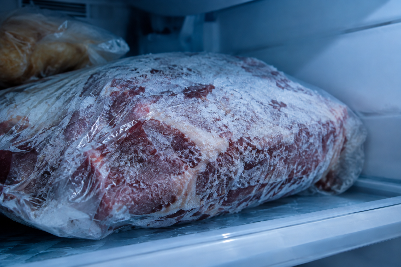 When Buying Meat in Bulk Is Actually More Expensive 5 Frost-covered bulk meat package in a freezer showing signs of freezer burn
