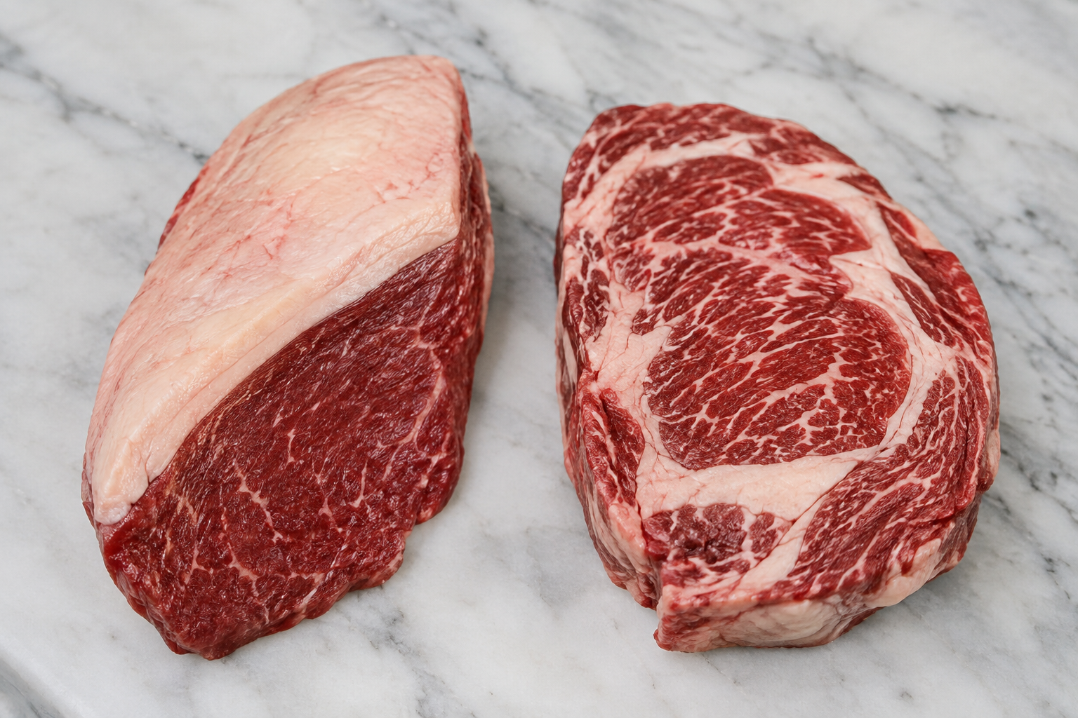 Picanha vs Ribeye: Which Steak Gives Better Eating Value? 9 Side-by-side comparison of raw picanha and ribeye steaks on a butcher counter