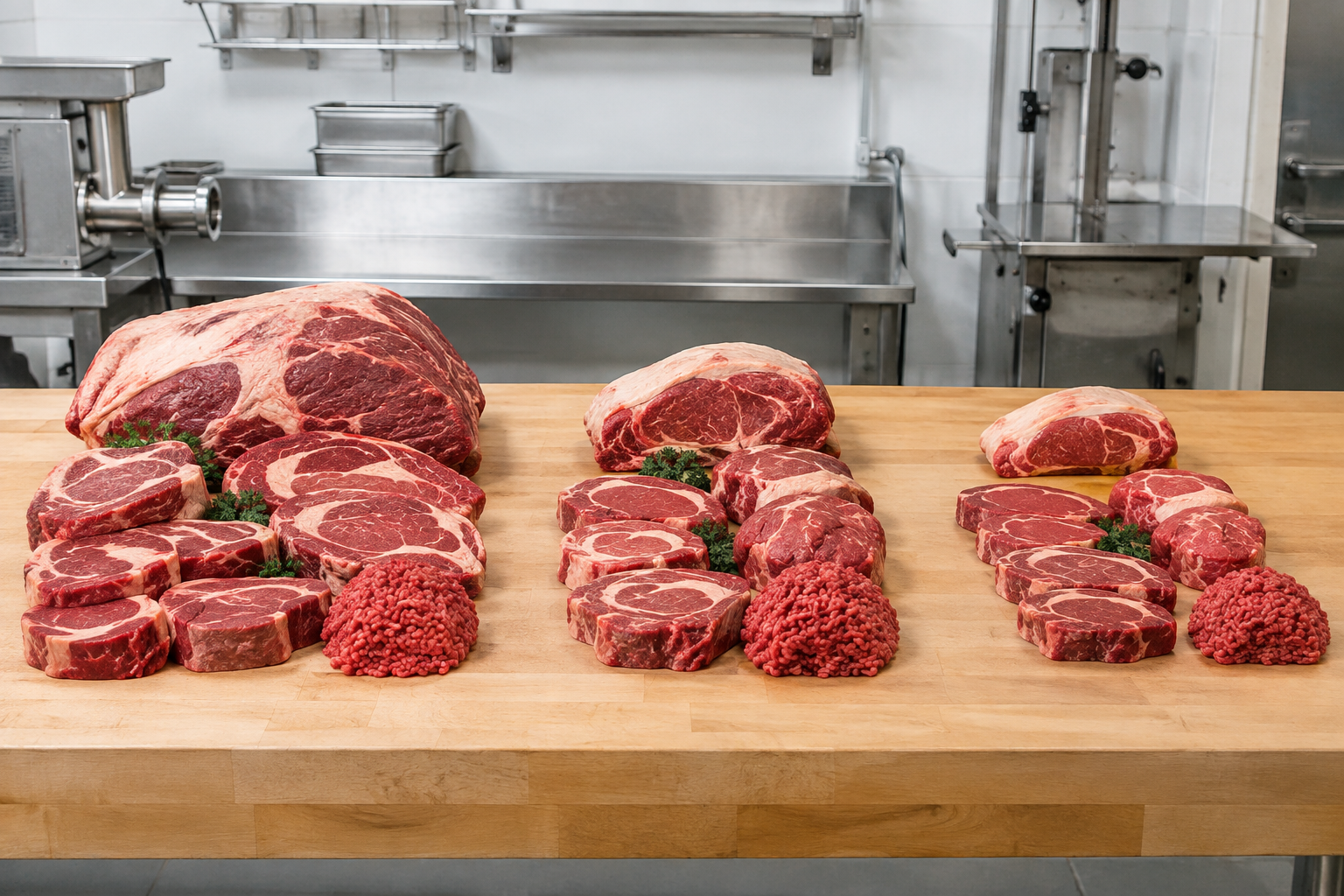 Three portions of beef cuts representing whole, half, and quarter beef shares