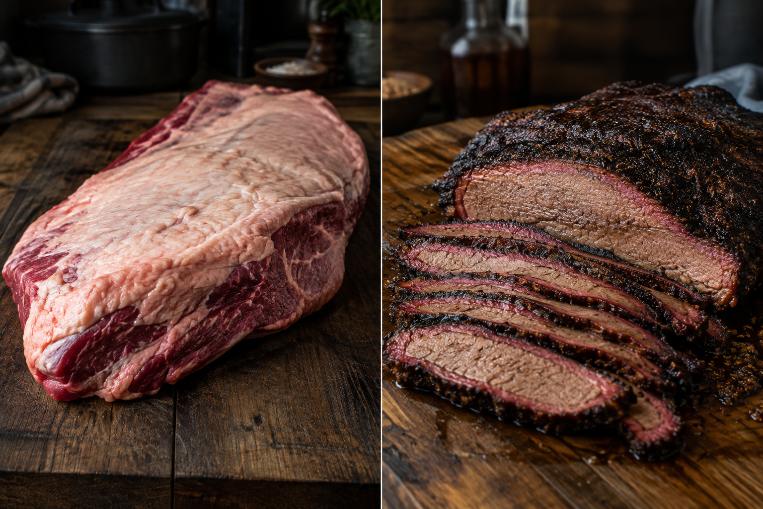 Comparison of raw untrimmed brisket versus trimmed cooked sliced brisket